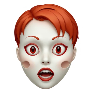 Empty mask resembling a head of a female with short red hair, hollow eye sockets and open mouth sticker