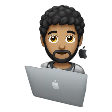 headshot of a black hair boy with black beard using a silver macbook sticker