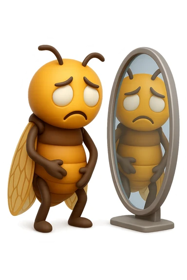 EMOJI STILE IPHONE 3D DI una cicala troste che si guarda allo specchio insoddisfatta del suo fisico, fagli gli occhi bianchi , non solo la pupilla sticker