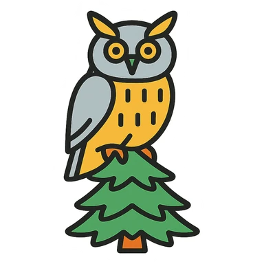 Siberian owl, perched on a pine tree, color outline icon style sticker