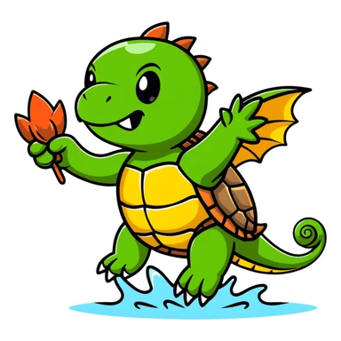 A menacing turtle with spiked shell, dragon-like wings spread wide, fangs bared, sharp claws extended, shooting water and steam sticker