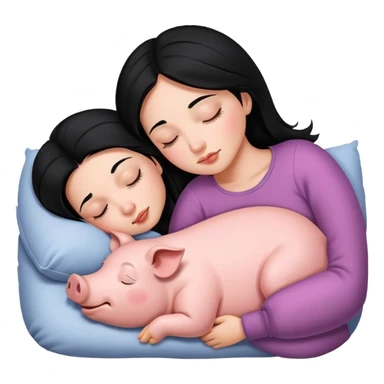 Woman with Black hair is sleeping next to a pig sticker