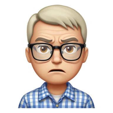 A rigid, tense person looking angry and slightly scared, wearing glasses and a checkered shirt sticker