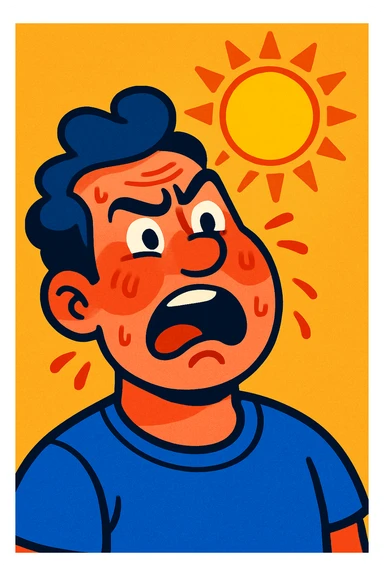 a man with flushed cheeks and a sun above his head, exaggerated expression, vibrant toon style sticker