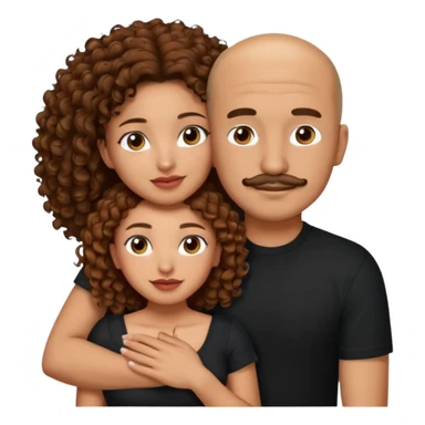 A mixed girl, the girl is wearing a black shirt, the girl has brown curly hair  and the girl has big boobs. A Mexican man is embracing her, with bald hair and a short boxed mustache  sticker