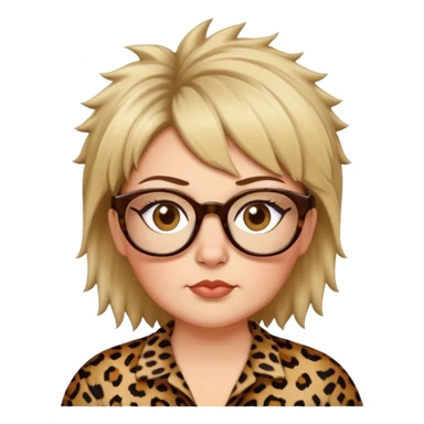 chuby white women dressed in leopard with short medium brown and blonde shaggy spiked hair wearing glasses with hazel color eyes and wide flat nose sticker