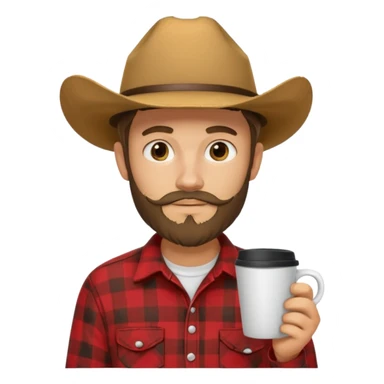 generate an ios genmoji of a 20 year old tan boy with a cowboy hat and side burn beard. Wearing a flannel and carrying a coffee mug sticker