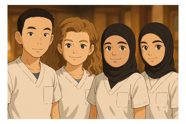 Four nursing students side by side in a warm indoor ambiance with a blurred background, wearing white short-sleeved medical uniforms with V-neck collars and left chest pockets, in Ghibli style. sticker