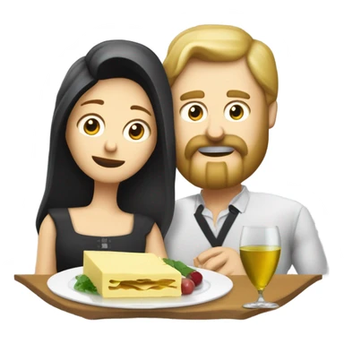 Repas raclette et deux verres de vin blanc en couple, femme blonde cheveux aux-dessus des épaules homme petite barbe et moustache grisonnantes et cheveux bruns grisonnant  sticker