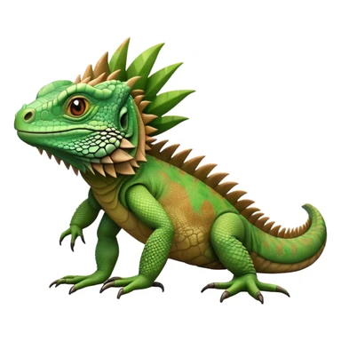 cinematic-iguana-realistic-full-body-basking-emoji,-long-scaly-body-stretched-out,-spiny-ridge-running-down-its-back,-textured-green-and-brown-skin-dappled-with-light,-sharp-intelligent-eyes-studying-the-surroundings sticker