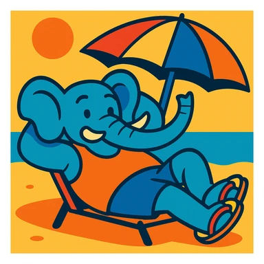 an elephant in a tank top and flip flops, relaxing under a beach umbrella sticker