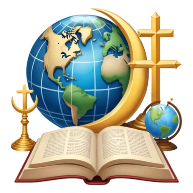 An icon featuring religious symbols like a cross, crescent moon, and star, alongside an open book, symbolizing the study of religion. The design includes a globe and a temple in the background, representing global faith traditions and spiritual exploration. Transparent background sticker