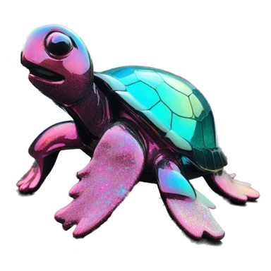 Sparkling cyan pink Turtle made from rainbow oilslick cyan glass, stained glass art sticker
