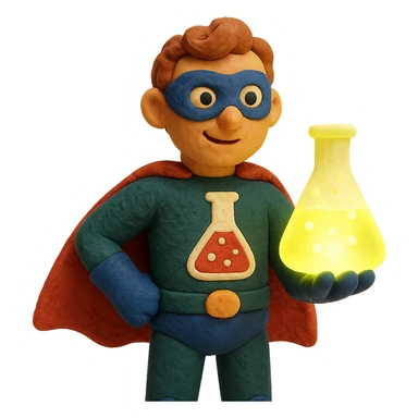 claymation style chemistry superhero with soft textures holding a glowing beaker sticker