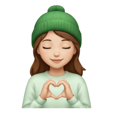 closed eyes peaceful brown hair girl closed eyes stylish in a green beanie hat in white sweater smiling making heart from her hands  sticker