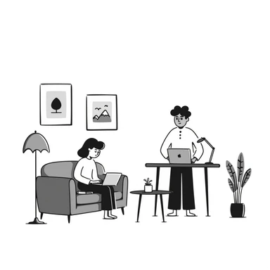 escenary 3d of a cozy mid-century living room with two people working on laptops, one man standing at a desk and one woman sitting on a couch, two walls and floor visible sticker