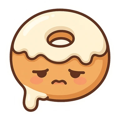 a donut with white creme leaking out, tired face, cartoon style sticker