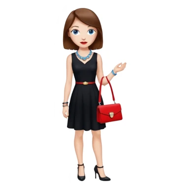 chica labios rojos ojos azules pecas pelo marron collar pulsera vestido negro tacones y un bolso rojo sticker