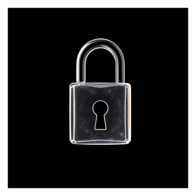 Photo of a 3d made of glass padlock, black void around symmetrical 3d render, rim light sticker