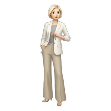 Full height Actively gesturing with hands pale skin woman with ash blonde Straightened bob Hair, White Spacious classical jacket, beige palazzo Arrow pants and gray blouse sticker