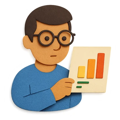 man wearing glasses and looking at data, paper craft style sticker