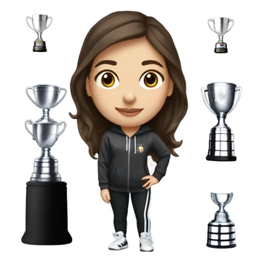 Very pretty girl with brunette hair and hazel eyes who is very very pretty who has a Stanley cup and flare pants and then an Adidas hoodie and is holding a Stanley cup sticker