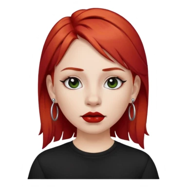 apple style emoji of a fair-skinned girl with red hair, black t-shirt, black lipstick, septum and ear piercings, minimal style sticker