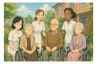 Four nursing students inspired by provided faces, wearing complete white short-sleeve uniforms without stethoscopes, accompanying elderly seated patients, Ghibli style, hospital garden exterior with flowers. sticker