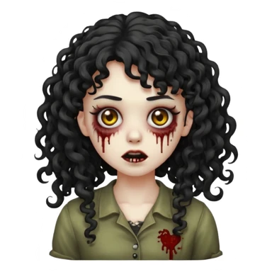 Emoji garota zombie sem ferimentos no rosto com cabelo preto cacheado longo com franja cacheada sem volume sticker
