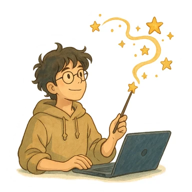 ghibli style developer with a magic wand, whimsical atmosphere sticker