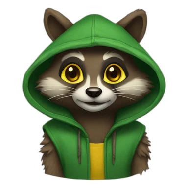 brown raccon with yellow eyes and a green hood that smiling sticker