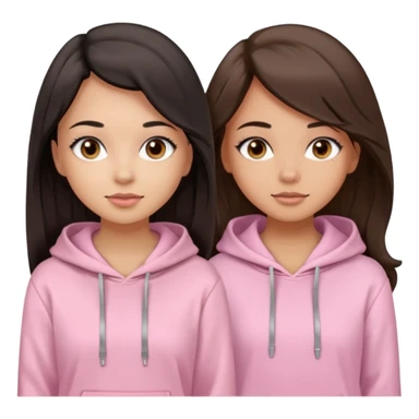 A pretty girl with light skin and long straight black brown hair, wearing a very light pink basic hoodie with brown eyes and makeup and a round face with another girl who is taller with an oval face, tan skin and very wavy brown hair, and a light pink basic shirt sticker