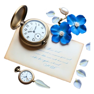 An elegant still life of a vintage pocket watch with an engraved case, lying next to a faded love letter sealed with a pearl wax stamp, surrounded by delicate white and blue floral petals.
 sticker
