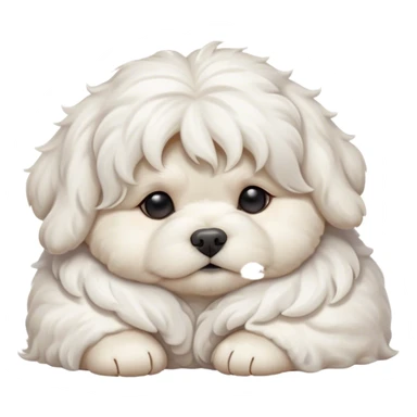 Cinematic Chubby Sleeping Wavy-Haired Maltese Dog Portrait Emoji, Chubby and serene, with a round, adorable build and a soft, wavy-haired white coat, eyes gently closed in peaceful slumber, Simplified yet irresistibly endearing features, highly detailed, glowing with a gentle, dreamy glow, high shine, relaxed and content, stylized with a touch of whimsy, bright and heartwarming, soft glowing outline, capturing the essence of a blissfully sleepy companion, so comically serene it feels like it could roll out of the screen and snore with adorable charm! sticker