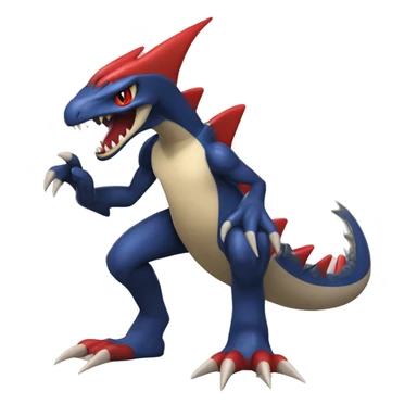 Dark blue, beige, red, Modern, Futuristic, Cool, Edgy, Badass Punk-style Garchomp-Charmeleon-Croconaw Fakémon-Digimon  full body sticker