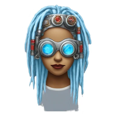 Light blue long dreadlocks female cyborg head with red steampunk goggles and circuits sticker