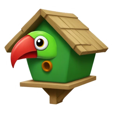 green birdhouse aviary that looks like a head of a parrot with red streak sticker
