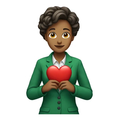 A female teacher in a green jacket holds a heart in her hands sticker