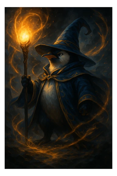 a heroic penguin wizard with a glowing staff, dramatic lighting, and swirling magical energy, in an epic fantasy style sticker