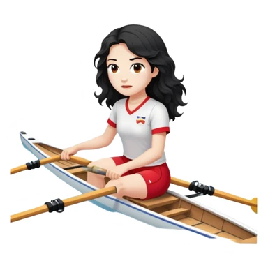 girl with long black wavy hair, white skin, wearing red shorts and white short-sleeve t-shirt, sitting in a professional Olympic rowing boat rowing, facing fully right sticker