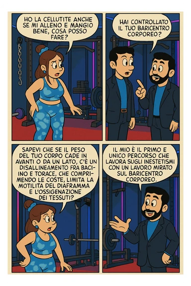 TRASFORMA QUESTO CAROSELLO IN UN FUMETTO STILE FUMETTO TOPOLINO CON QUESTE DUE PERSONE IDENTICHE CHE INTERLOQUISCONO TRA LORO:

LEI: Ho la cellulite anche se mi alleno e mangio bene, cosa posso fare?

LUI: Hai controllato il tuo baricentro corporeo?
LUI: Sapevi che se il peso del tuo corpo cade in avanti o da un lato, c’è un disallineamento fra bacino e torace, che comprimendo le coste, limita la motilità del diaframma e l’ossigenazione dei tessuti?
LUI: Il mio è il primo e unico percorso che lavora sugli inestetismi con un lavoro mirato sul baricentro corporeo. sticker