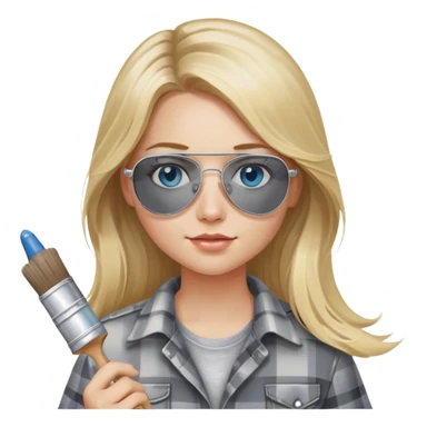 girl with long blond hair, wearing grey plaid shirt with blue eyes and aviator sunglasses wearing a ring on her silver necklace, holding a paint brush roller with a small bit of paint on her face sticker