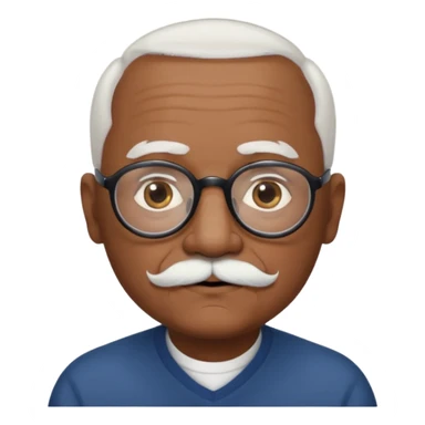 an elderly man with medium-dark skin tone, bald on top with short white hair at the sides, thick white eyebrows, large brown eyes, and wears black-framed glasses.
A small white mustache sits above his mouth sticker