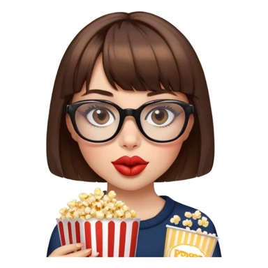 Girl with short brown hair and bangs, leopard square glasses and full lips eating popcor sticker