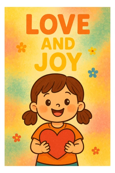 a little girl holding a heart, a cute and cheerful face, with a text sticker