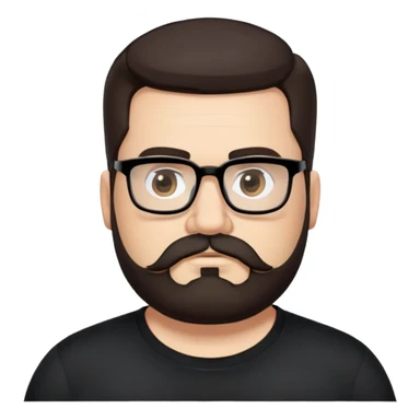 Caucasian male, chubby, long hair straight dark brown hair combed back, thick dark eyebrows, rectangular black eyeglasses, full beard and mustache neatly groomed, neutral facial expression, wearing a black crew neck shirt. sticker