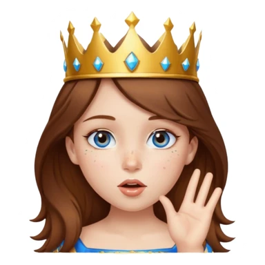 a girl with brown hair, blue eyes and freckles, who wears a crown and is blowing a kiss sticker