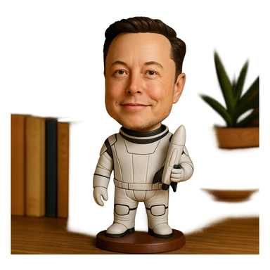 bobblehead of Elon Musk in a space suit holding a small rocket sticker