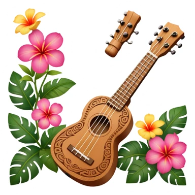 Ukulele with Polynesian carvings with flowers behind it sticker