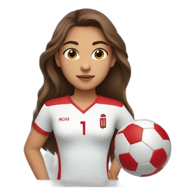 A girl with long brown hair ,with Brown eyes and football shirt of Morocco sticker